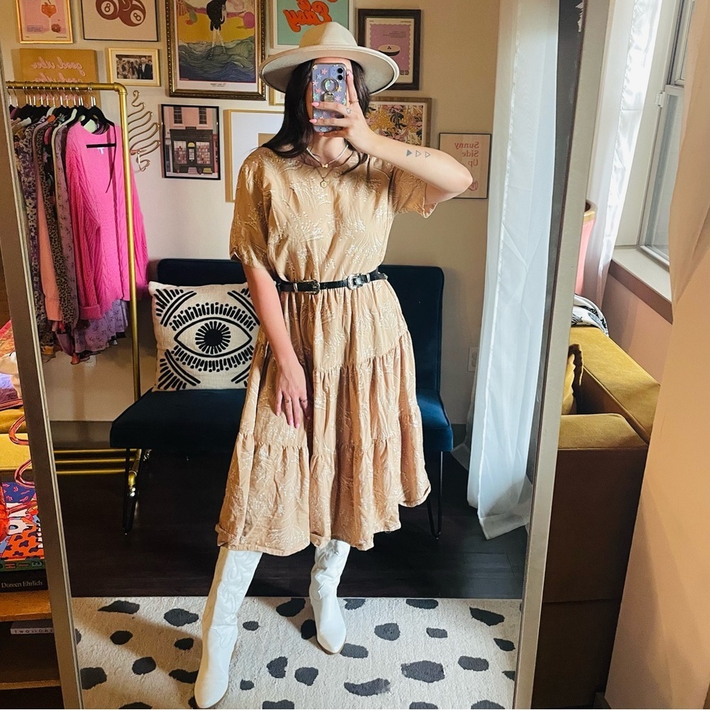 People Tree Beige Floral Tiered Midi Dress